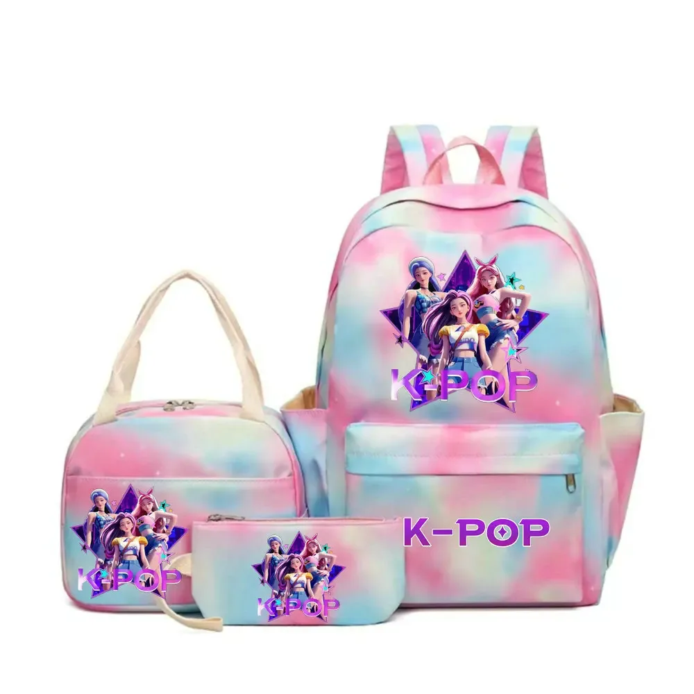sac dos polyester motifs personnages kpop pompon ceinture coussin air bandes latérales poignée supérieure pliable extensible bleu rose violet voyage adolescents