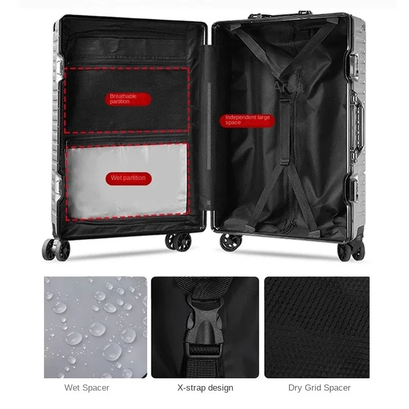 valise à cadre en aluminium, grande capacité, valise à roulettes robuste et durable, valise de cabine à code, valise en pc renforcé, 20/22/24/26/28