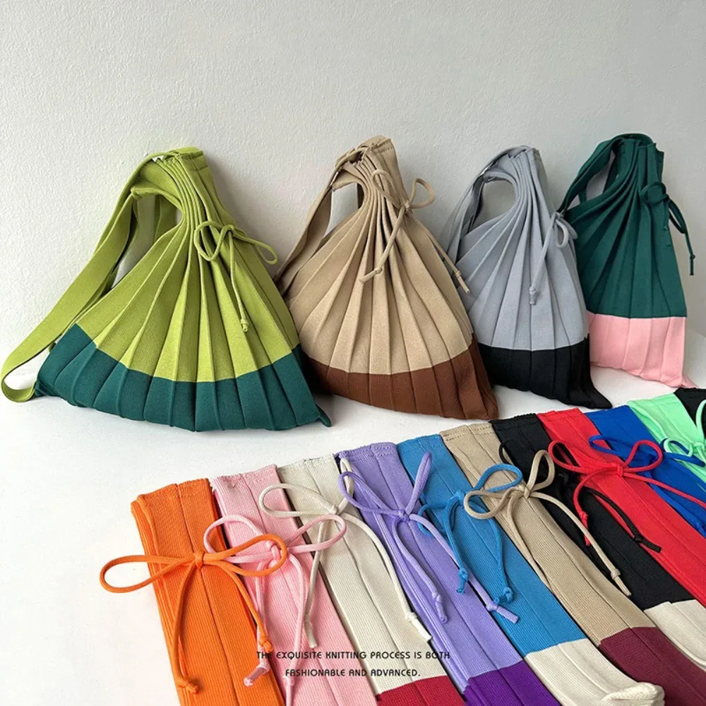 sac à main pliable en tricot, sac de courses grande capacité, sac écologique pliable, pochette à bandoulière, sac plissé de couleur contrastée, sac de voyage