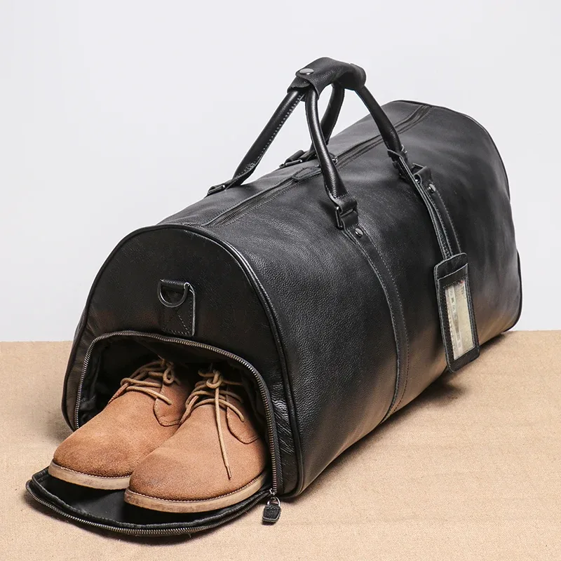 sac de voyage en cuir véritable pour hommes, sac de bagage à main décontracté, sac de fitness de grande capacité, poche à chaussures pour ordinateur portable de 18 pouces