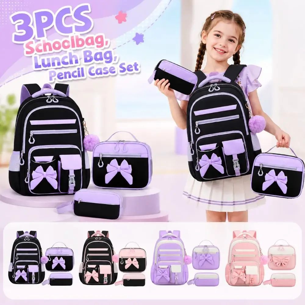 sac dos oxford cloth noir rubans pompons sac lunch boîte crayons palette rose gris imperméable usage ecole adolescente