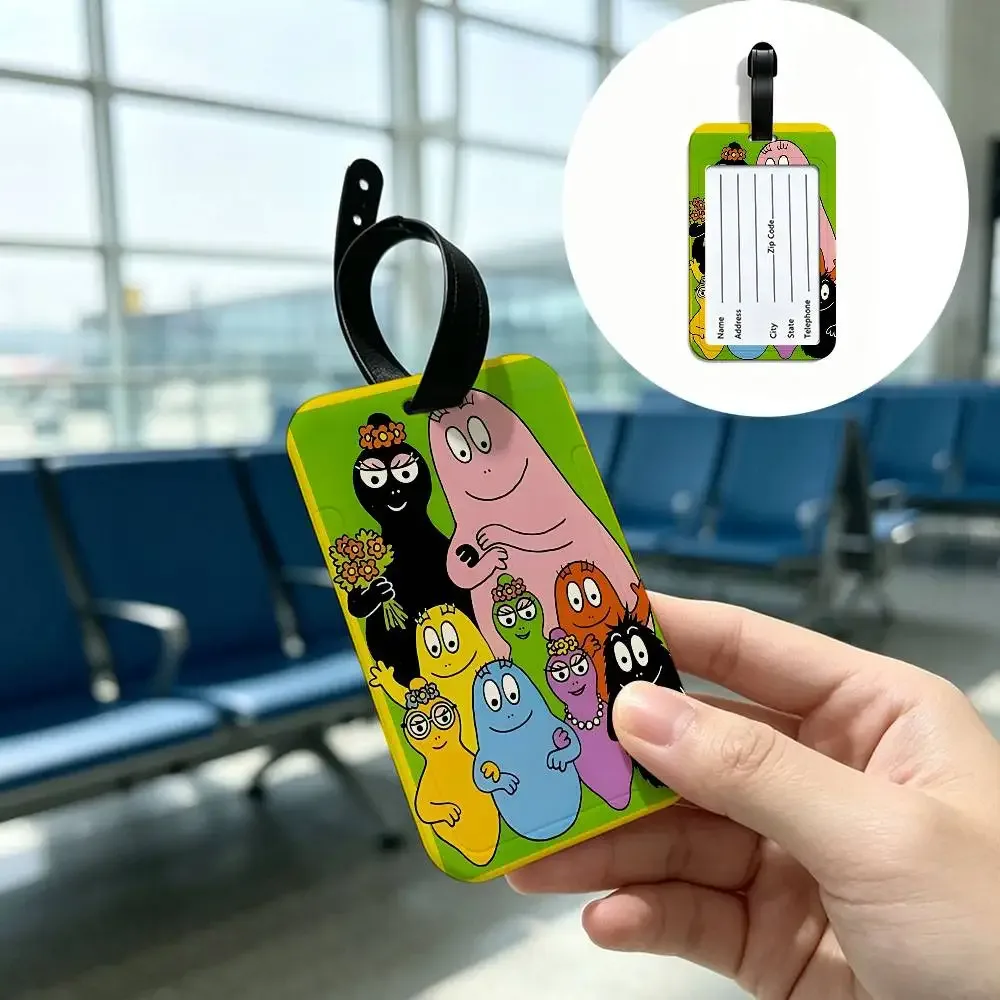étiquette bagage plastique rectangulaire personnages animés vert bande noire boucle identification voyage ecole pratique anti-perte