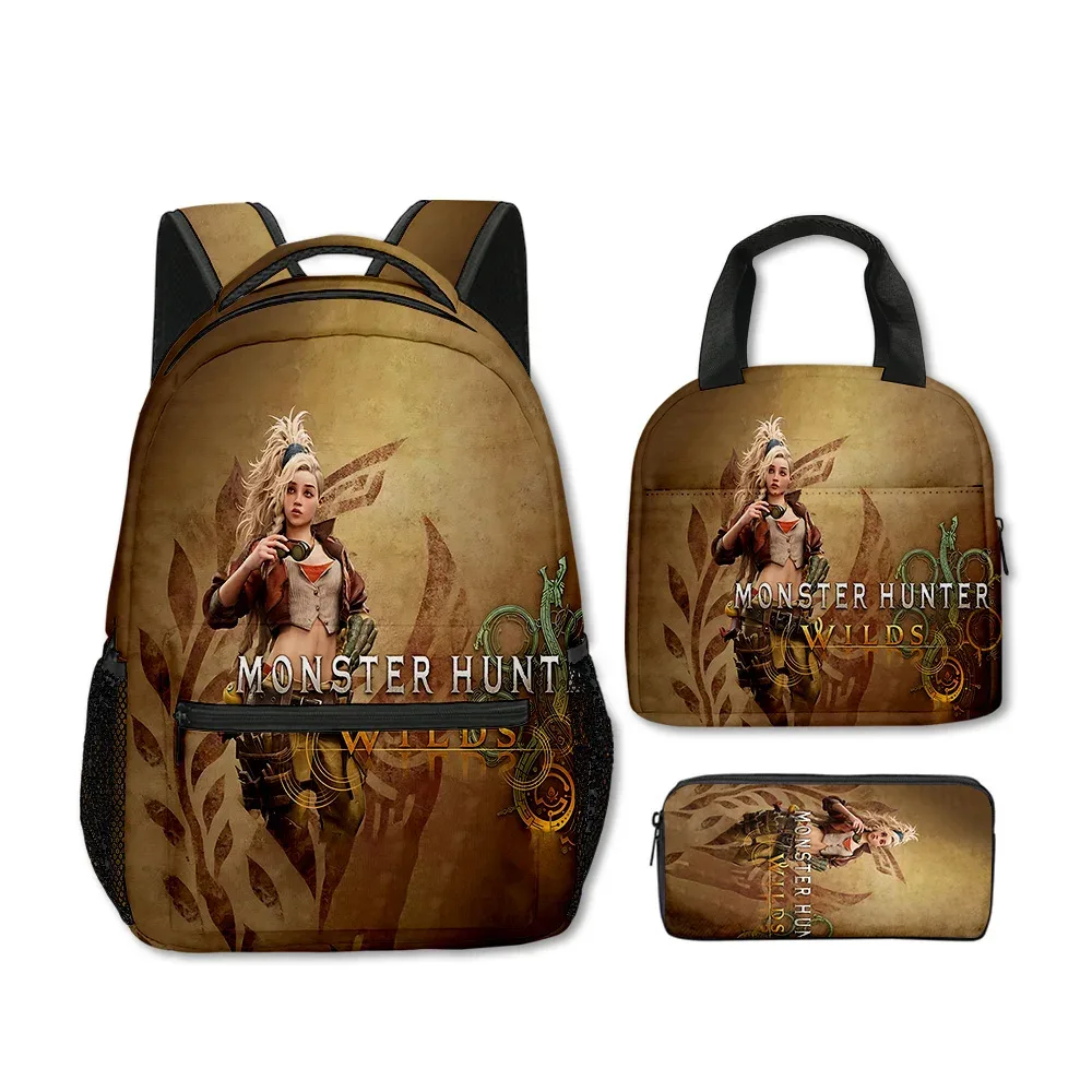 sacs d'école classiques populaires et amusants avec impression 3d de monstres sauvages, 3 pièces/ensemble, sac à dos de voyage, sac à déjeuner portable, trousse à crayons