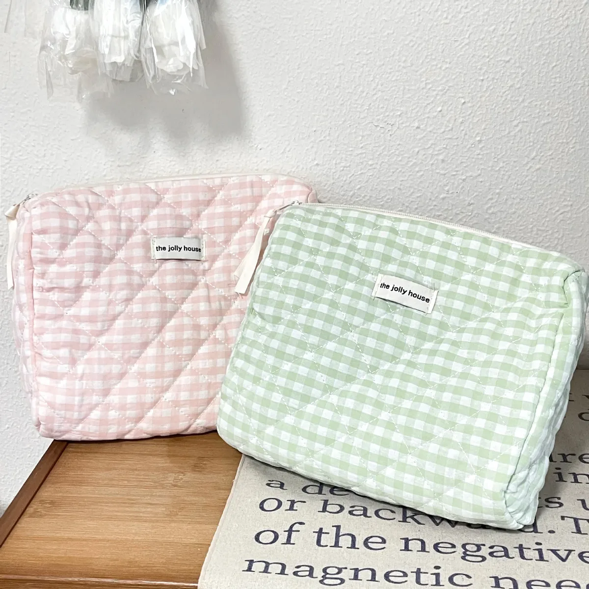 trousse de maquillage matelassée en coton à carreaux rose et vert grande capacité style coréen mignon portable sac de rangement cosmétique et trousse de toilette