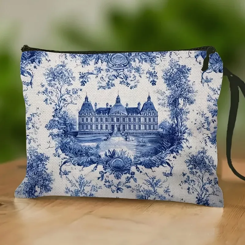 pochette de maquillage de style château français avec imprimé vintage classique et motif en porcelaine double face, pochette de rangement pratique pour voyage avec dragonne