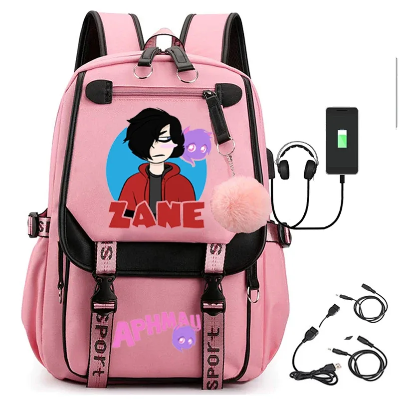 sac dos toile noire broderie fille chat bleu texte aphmau rose bandes latérales cuir sport poche rabat décontracté