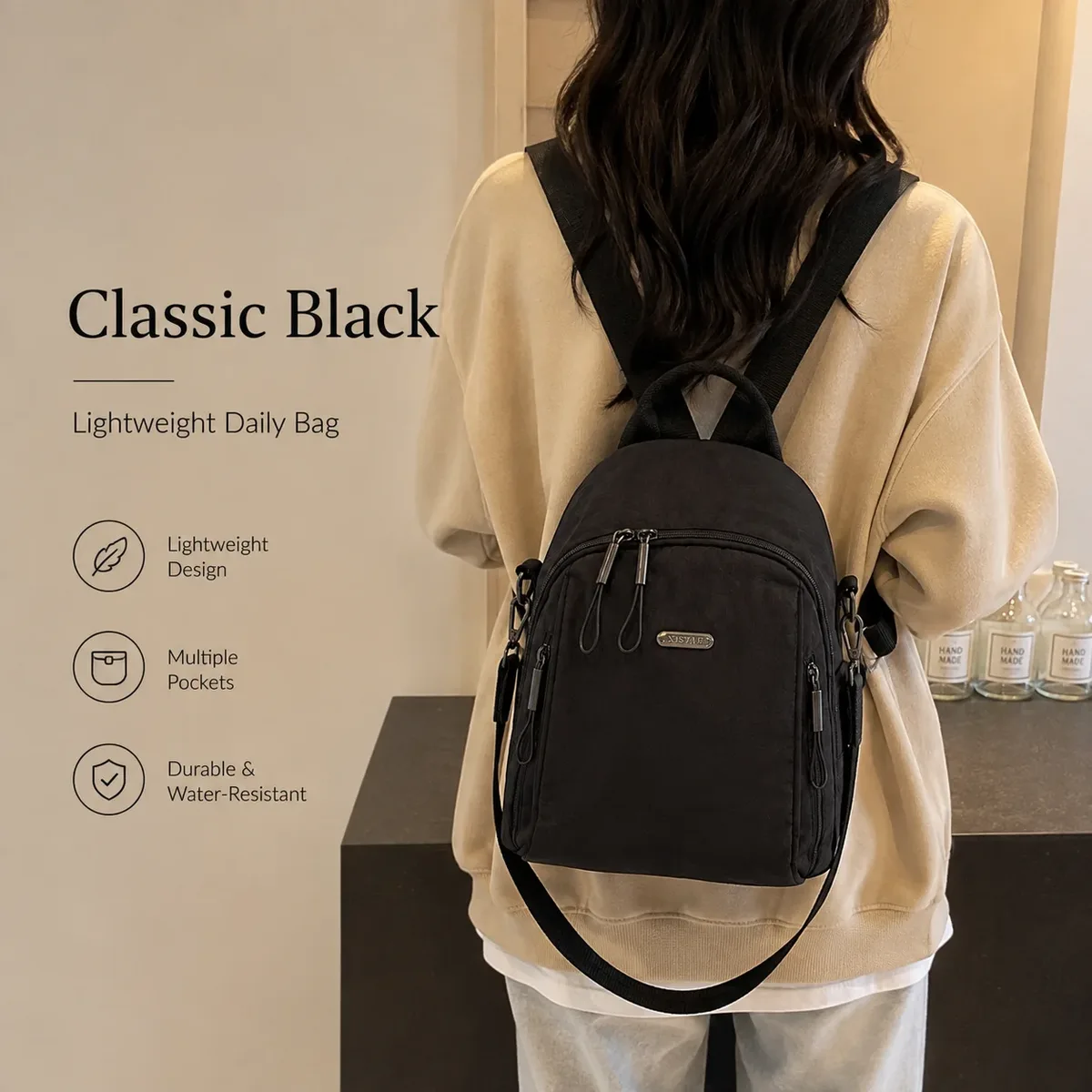 sac à dos mini léger en nylon pour femmes, sac à bandoulière convertible, multi-poches, sac de voyage décontracté pour la journée