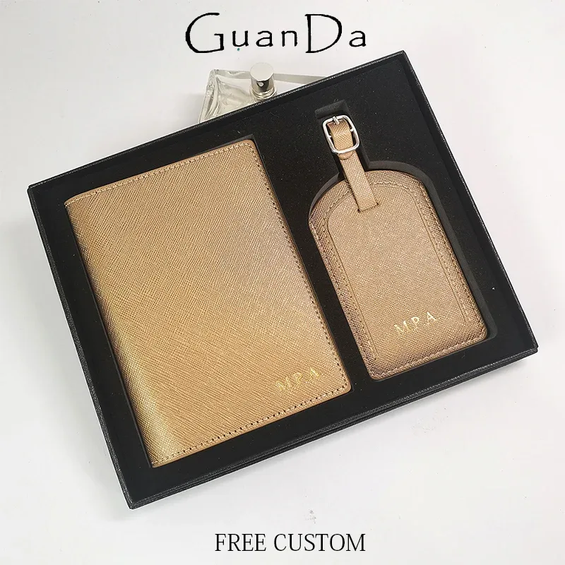 ensemble de couverture de passeport et d'étiquette de bagage en cuir pu de luxe avec boîte, porte-passeport personnalisé avec nom, étiquette de valise personnalisée, vente en gros, cadeau