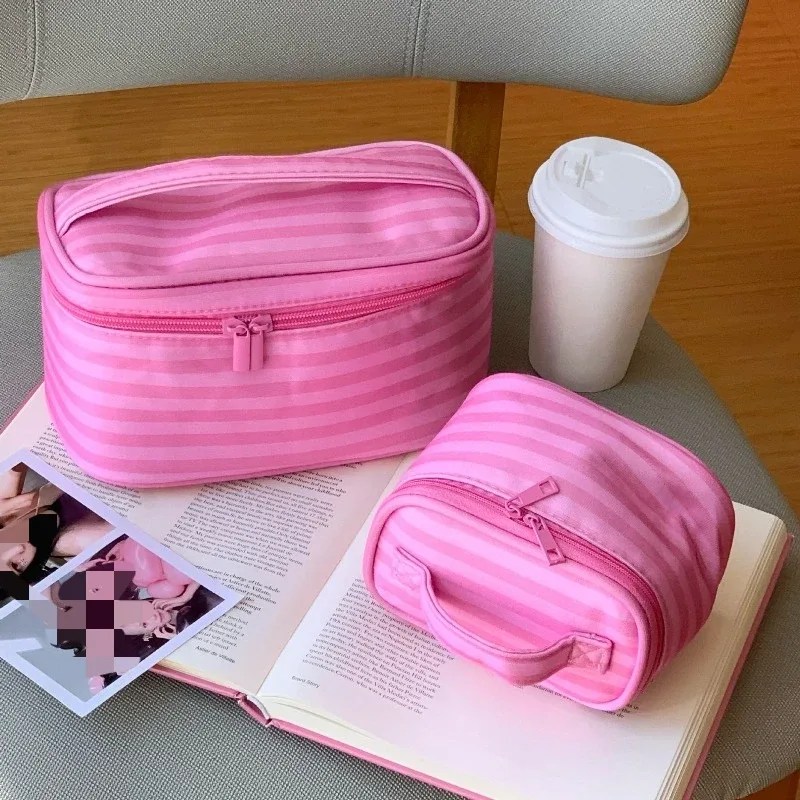 trousse de maquillage rose rayée grande capacité pour femme, sac de rangement portable de voyage pour cosmétiques et brosses de toilette