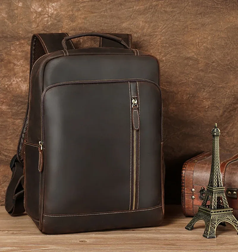sac à dos en cuir crazy horse pour hommes, sac à dos de jour en cuir de vache pour ordinateur portable 15.6 pouces, sac à dos de voyage de grande capacité avec câble usb
