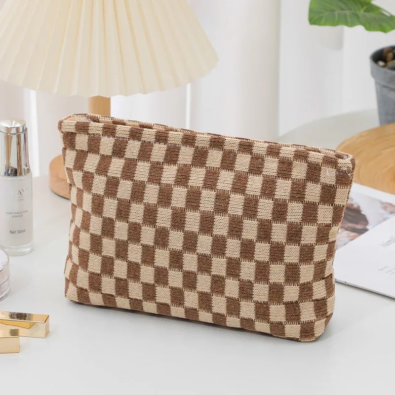 trousse de maquillage à carreaux, trousse de toilette de voyage, organisateur de pinceaux de maquillage mignons, sac de rangement d'accessoires esthétiques pour femmes