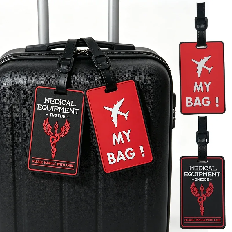étiquette de bagage de protection de la vie privée avec avertissement de manipulation avec soin pour équipement médical, identification de voyage pour valise et sac