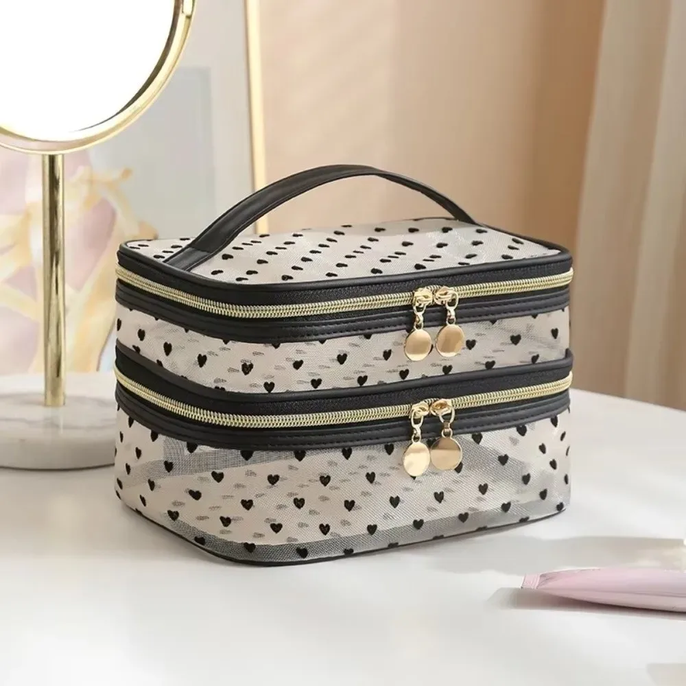sac à cosmétiques en maille noire, double couche, grande capacité, pochette de rangement, fermeture éclair, sacs de toilette portables