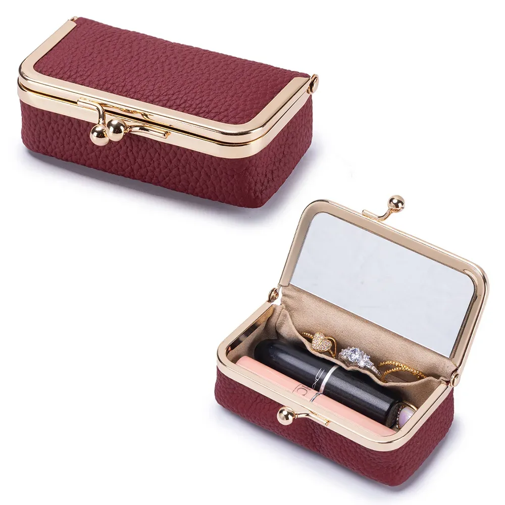 mini étui de rangement pour rouge à lèvres en cuir véritable, petite trousse de maquillage avec miroir, pochette de voyage pour cosmétiques, boîte de maquillage