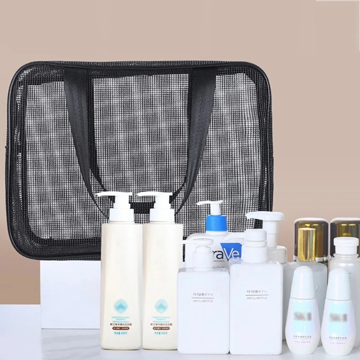 sac de douche en maille, sac de rangement cosmétique, sac de douche multifonctionnel, grande capacité, organisateur de toilette portable