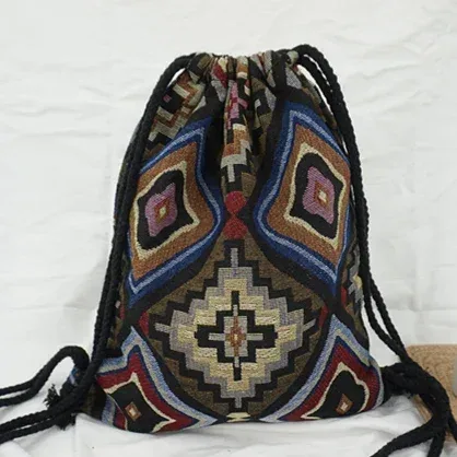 sac à dos en tissu pour femme 2026, style bohème chic, ethnique, tribal, ibiza, gypsy, aztec, doux, marron, avec cordon de serrage