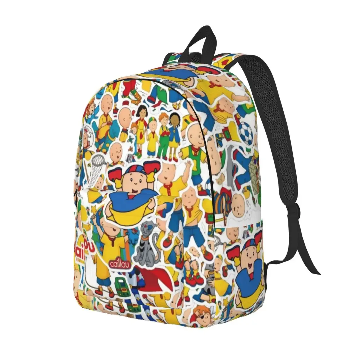 sac dos toile personnages animés jaune rouge bleu beige forme rectangulaire poignée noire travail ecole universite voyage famille
