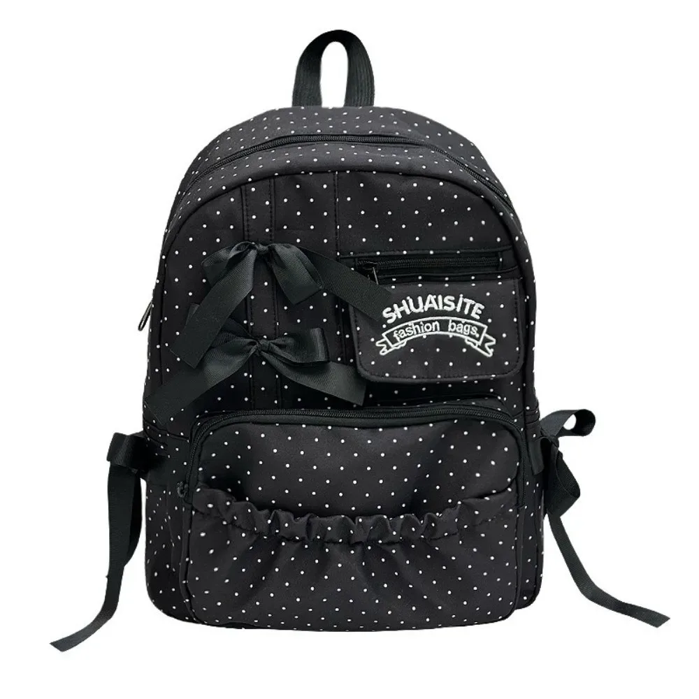 sac à dos en nylon à pois avec nœud, multi-compartiments, grande capacité, fermeture éclair, doublure en polyester, sac à dos de voyage