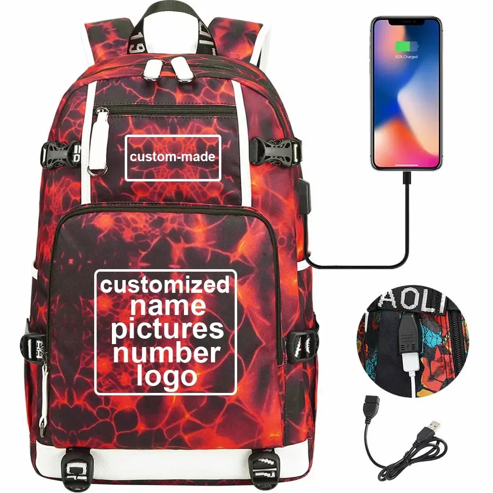sac à dos en toile pour hommes et femmes, imprimé personnalisé, avec photo ou logo, pour enfants, garçons et filles, usb, pour ordinateur portable, grand sac de voyage