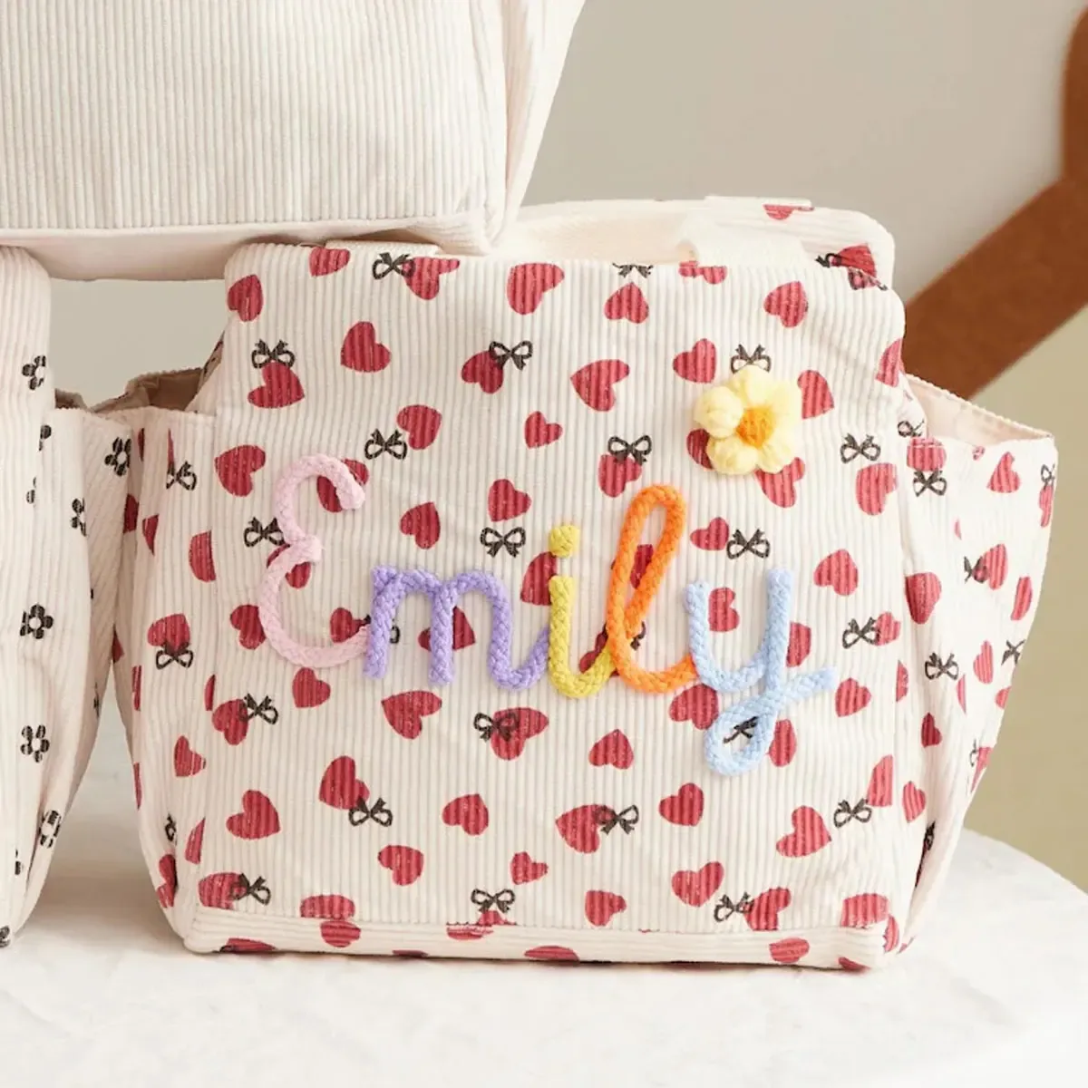 sac fourre-tout personnalisé avec initiales – sac à déjeuner isotherme en velours côtelé grande capacité personnalisé ; cadeau de rentrée scolaire, sac de vacances et de fête