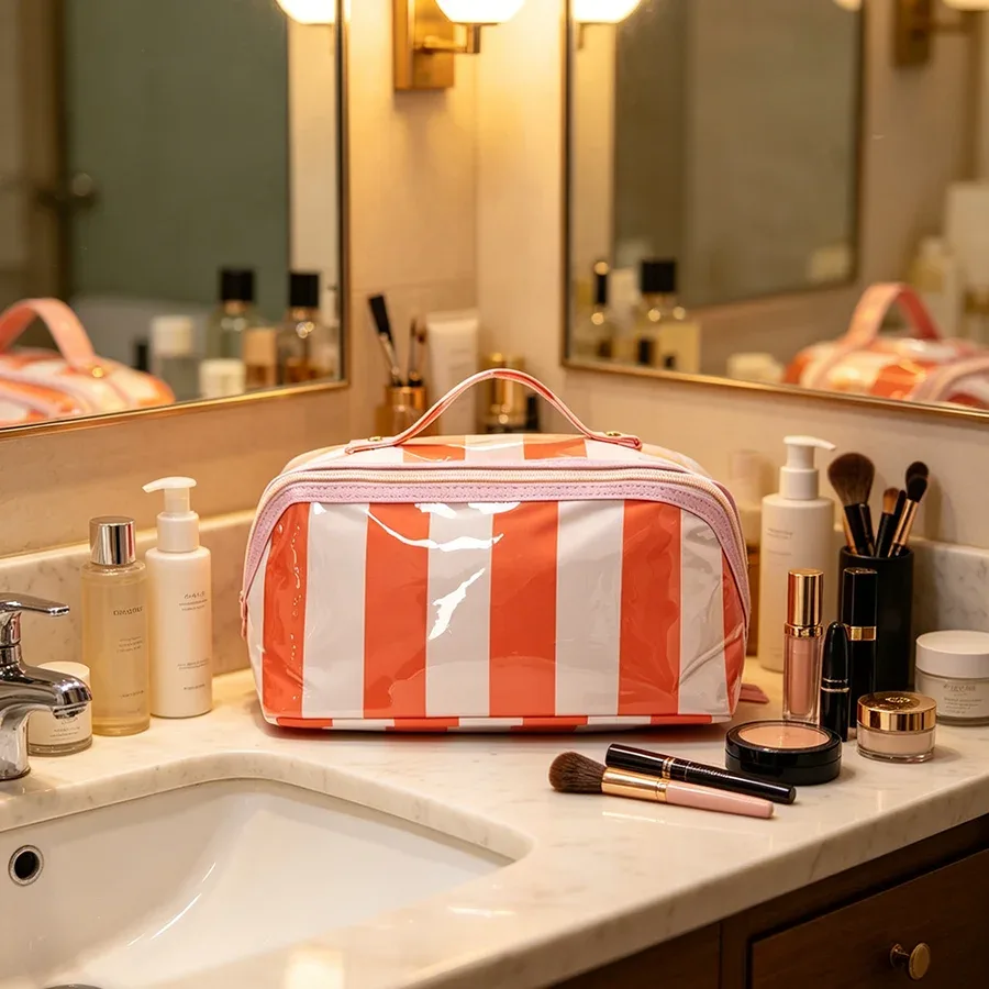 sac à cosmétiques en pvc pour femmes, grande capacité, pochette portable étanche, trousse de toilette à ouverture plate avec poignée