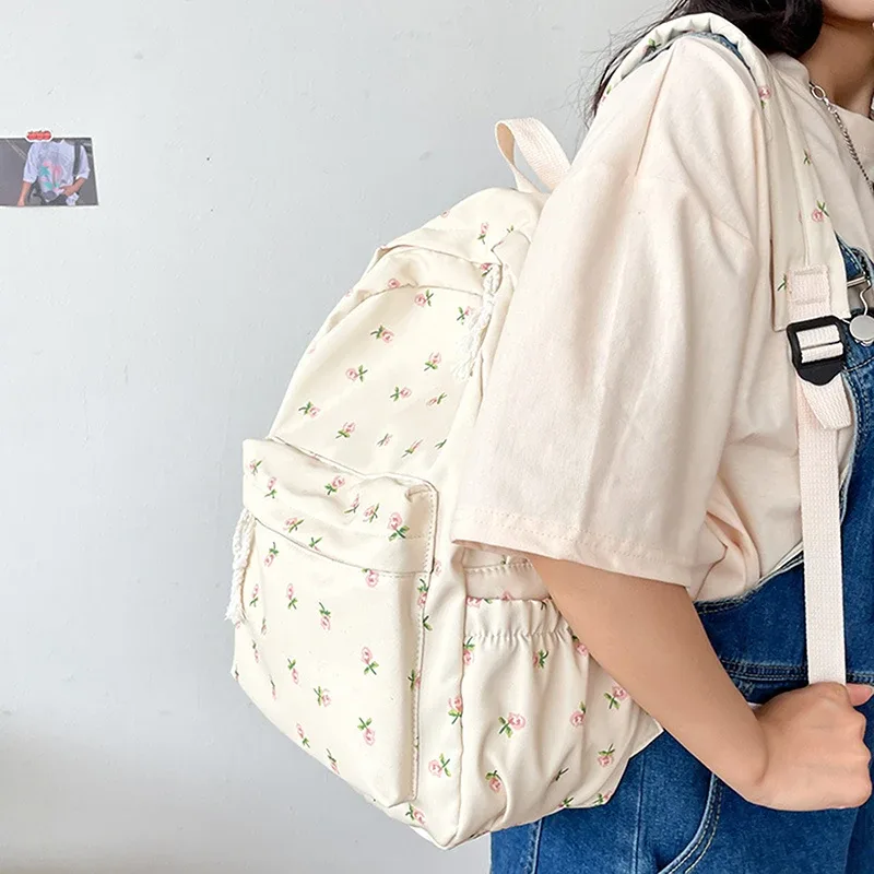 sac à dos scolaire floral blanc pour adolescentes, sac à dos mignon pour femmes, sac à livres en nylon