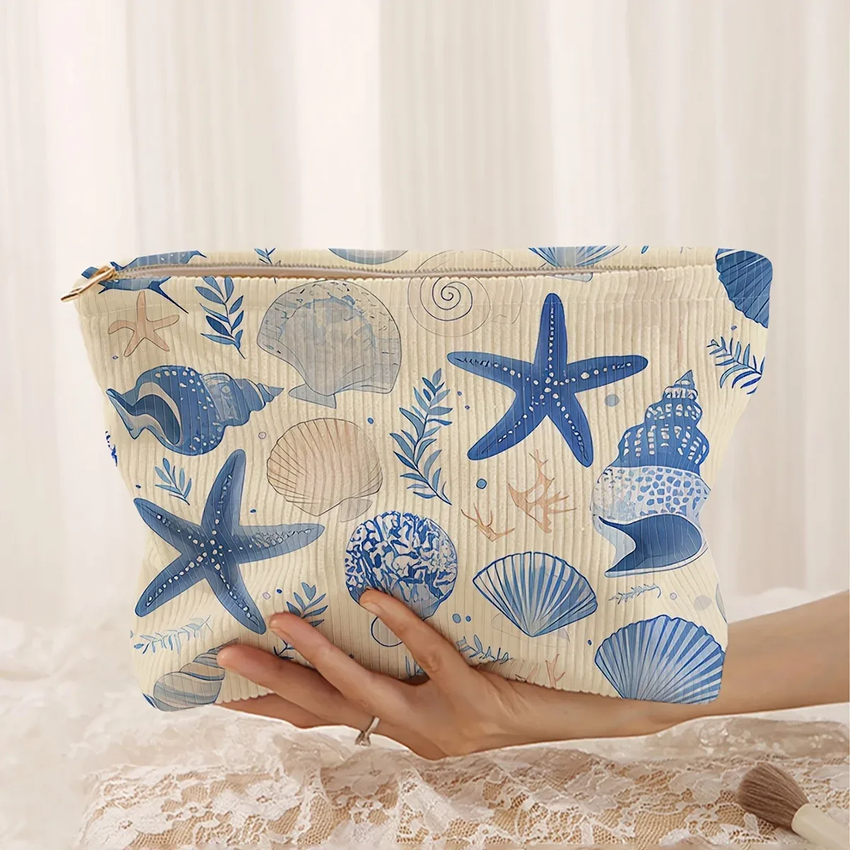 trousse de maquillage imprimée motif coquillages et étoiles de mer - pochette de rangement légère à fermeture éclair, unisexe, adaptée aux articles de toilette et aux accessoires