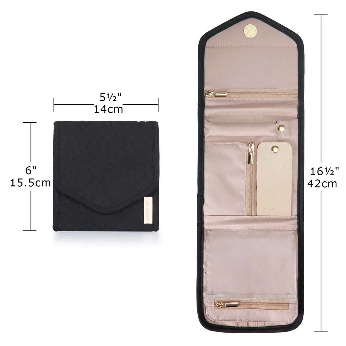 trousse toilette flanelle polyester noire beige geometrique matelasse portable voyage cosmétiques bijoux ornement doré perles blancs