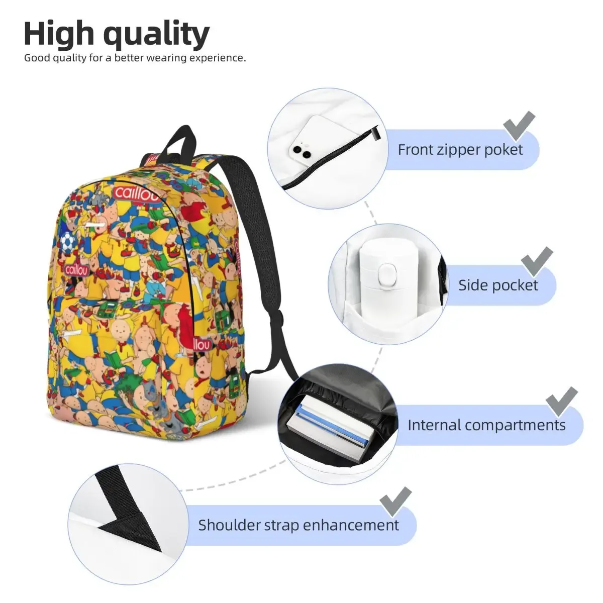 sac dos toile personnages animés jaune rouge bleu beige forme rectangulaire poignée noire travail ecole universite voyage famille