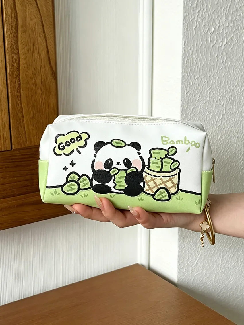 sac de rangement imprimé panda blanc et vert, pochette à fermeture éclair de grande capacité pour papeterie et cosmétiques, imperméable et résistant aux rayures