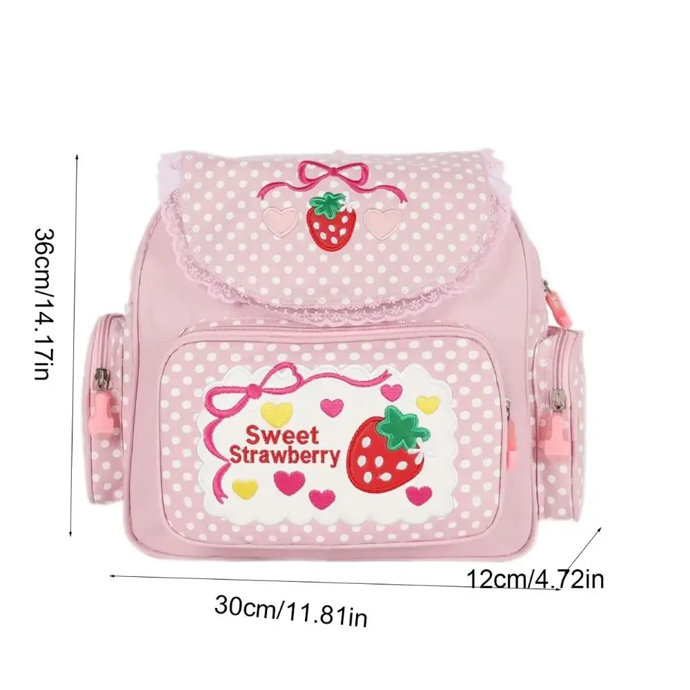 sac à dos scolaire tendance pour fille, motif fraise de dessin animé, à pois, avec nœud, multi-poches, pour étudiante