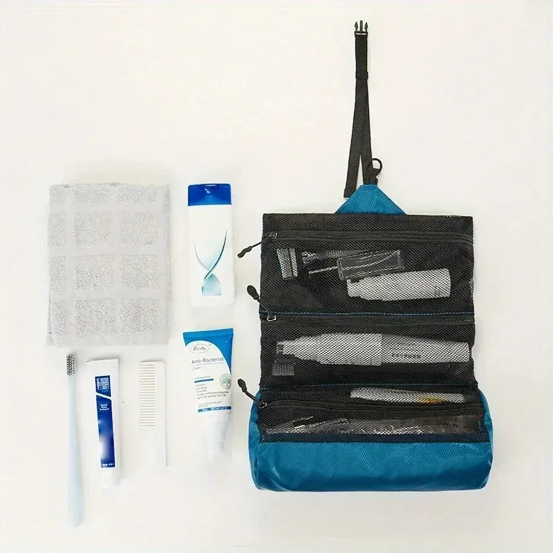 trousse de toilette pliable de voyage pour hommes, pochette de rangement de lavage portable avec séparation sèche et humide, trousse de maquillage étanche pour femmes