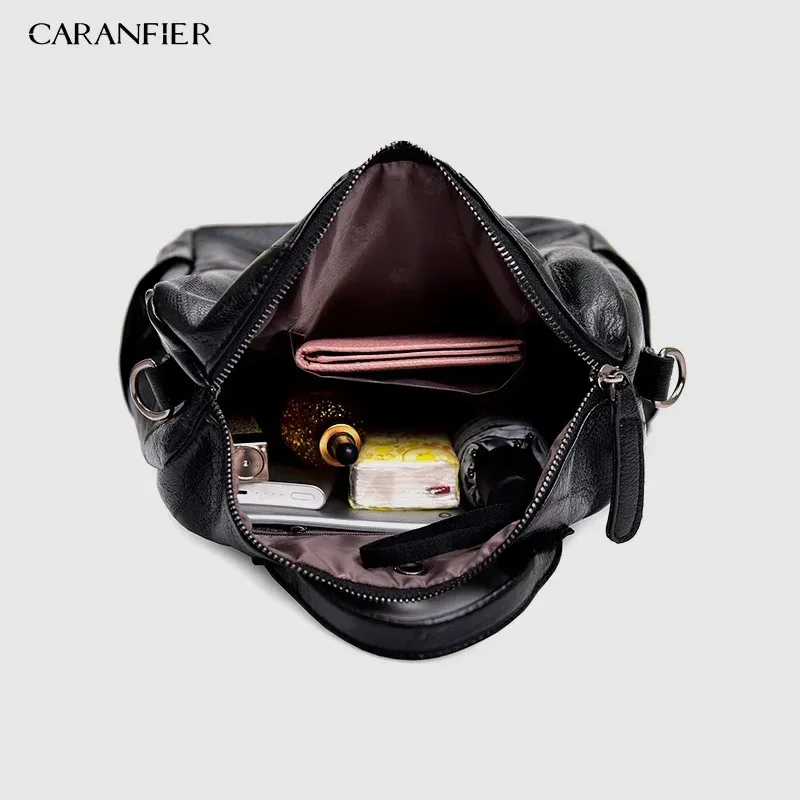 sac dos cuir noir polyester poche intérieure zippée bandoulière arquée fermeture éclair style vintage usage école adolescente
