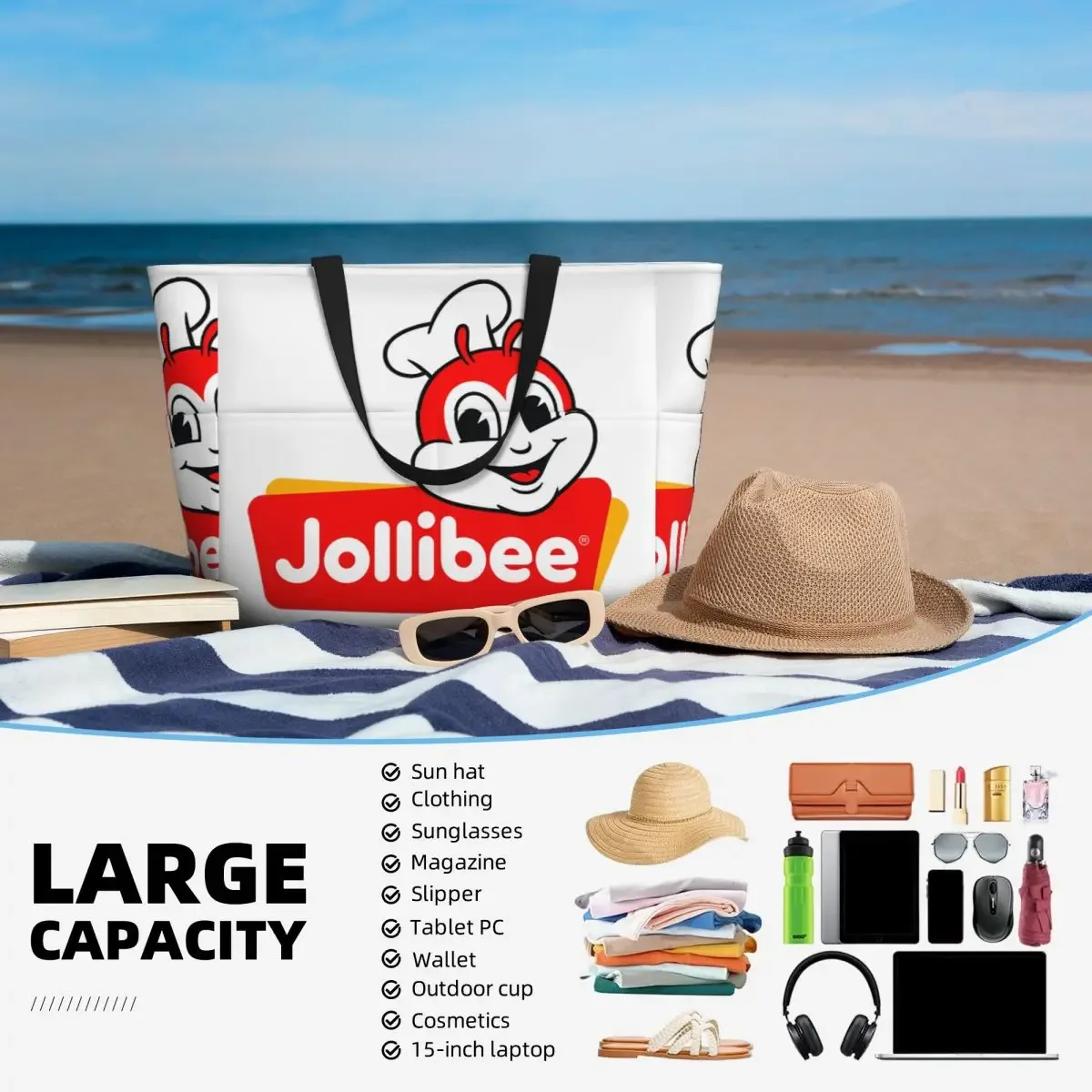 jollibee face beach tote bag sport gym yoga duffle grand sac fourre-tout pour femme sac de voyage sac de fitness