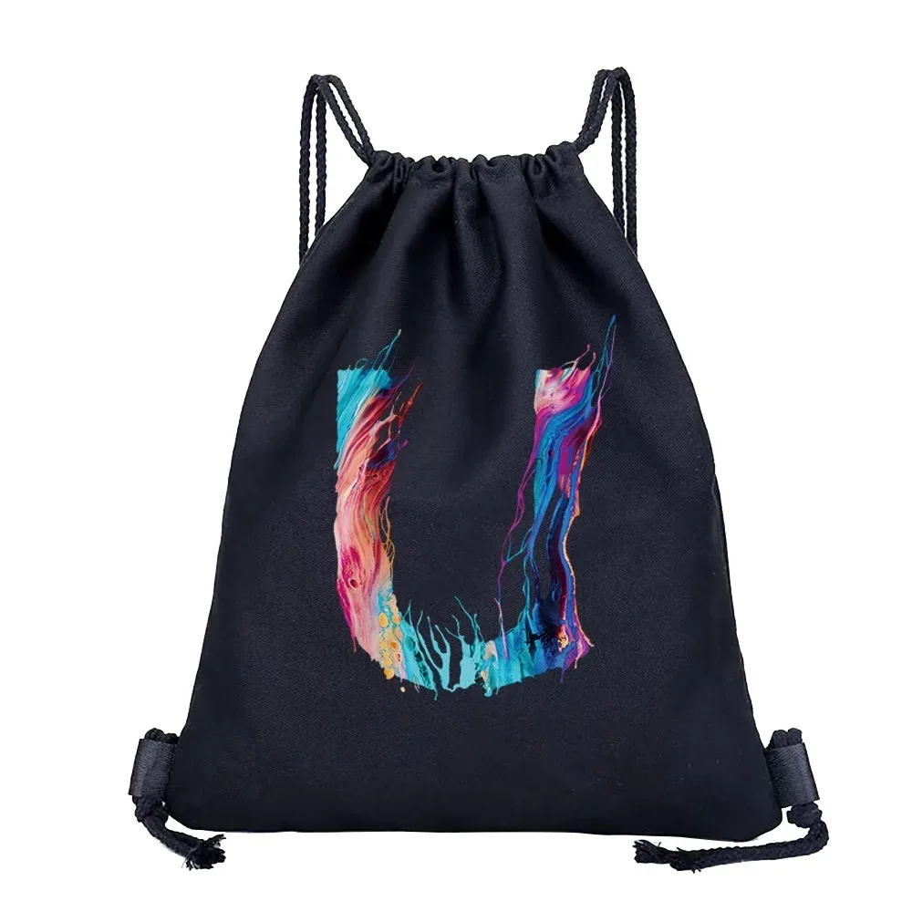 sac dos lin noir motif multicolore compact pliable cordon serrage poignées souple grande capacité sports plein air harajuku polyvalent