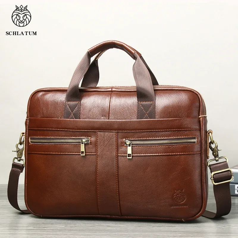 schlatum-étuis à bombes en cuir véritable pour hommes, sac d'ordinateur d'affaires de bureau, sacs à main vintage, étui à bombes pour ordinateur portable, 15.6 pouces
