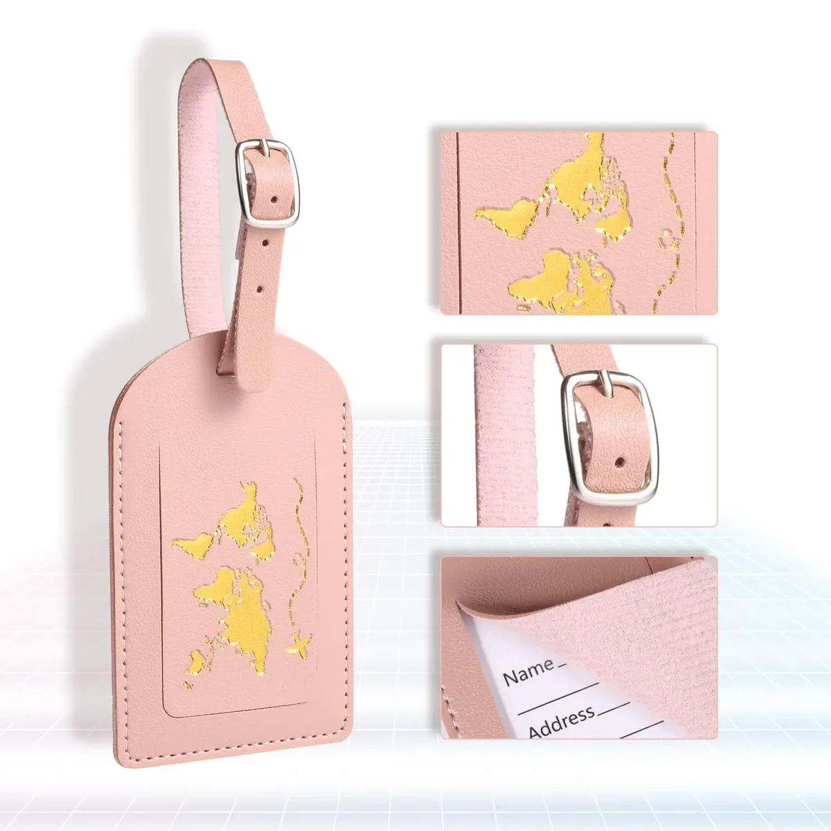 étiquette bagage cuir rose pâle doré carte monde voyage identité bagage fixation anneau métallique espace inscription nom adresse ville pays