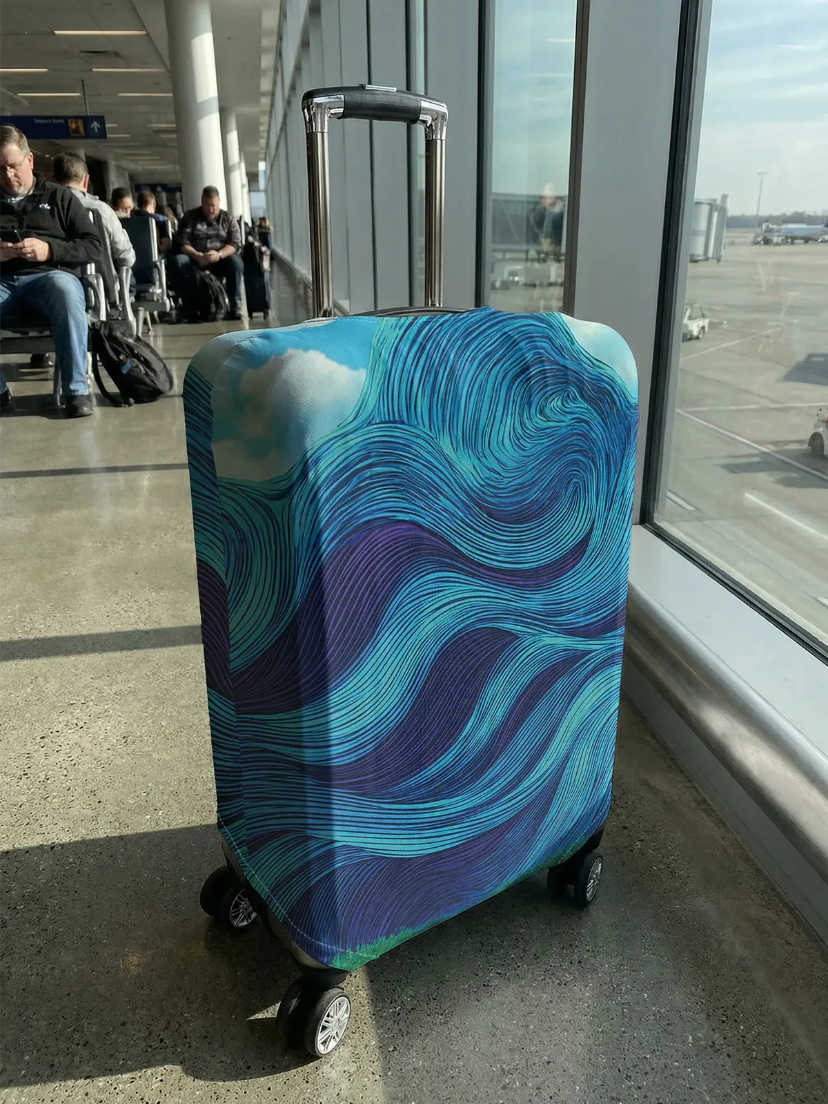 housse de protection pour bagages à motif de lignes ondulées bleu et violet, adaptée aux bagages de 18 à 32 pouces, avec poignées, accessoire de voyage