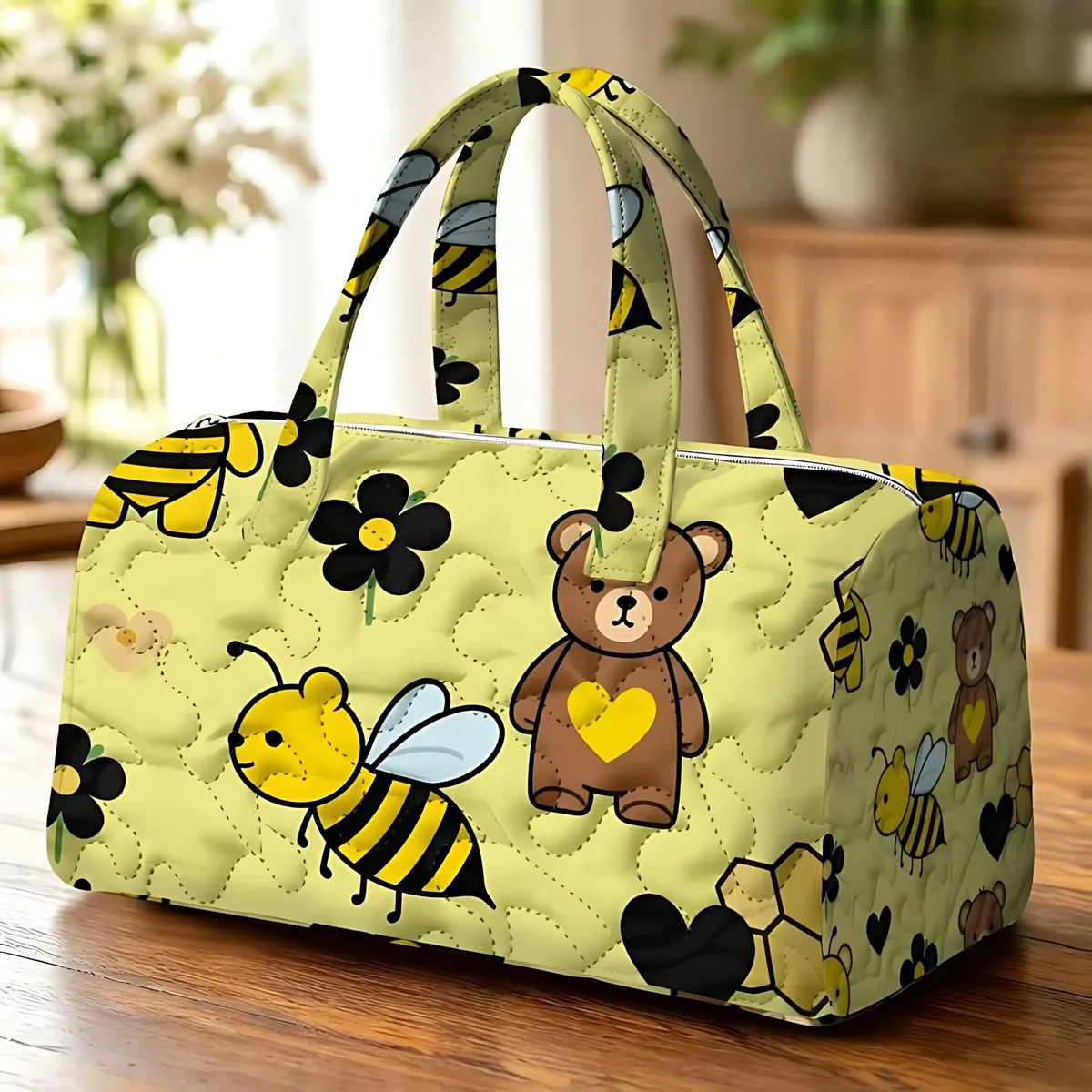 tissu imprimé avec motif d’abeilles et d’ours, grande capacité, portable, polyvalent et à la mode, idéal pour les sacs à main de voyage.