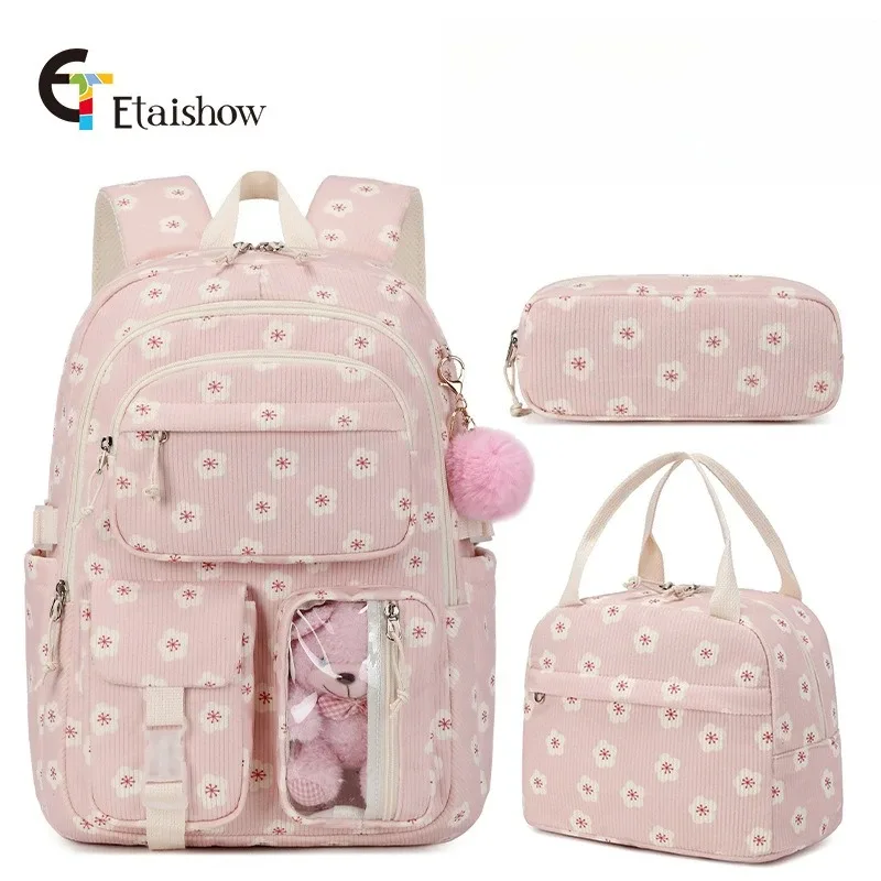 sac à dos d'université en velours côtelé, 3 pièces, avec sac à déjeuner, trousse à crayons, mignon fille, école, imprimé fraise, ensemble de sac à dos pour adolescentes et femmes
