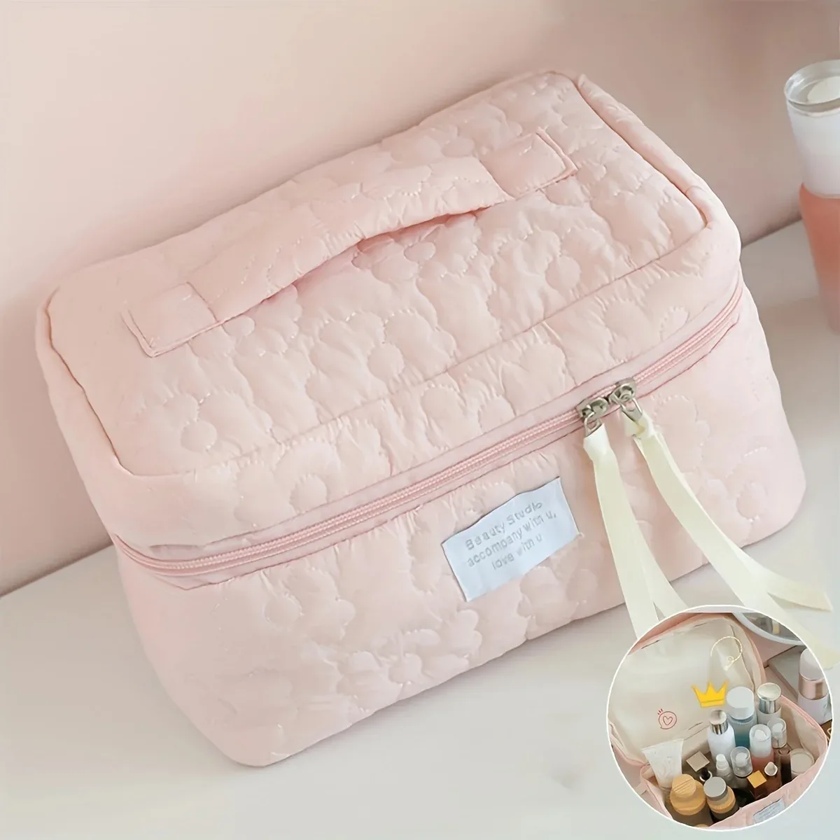 trousse de toilette tendance en tissu doux, grande capacité, couleur bonbon, sac de rangement mignon, trousse de toilette portable de voyage à motif floral pour femme
