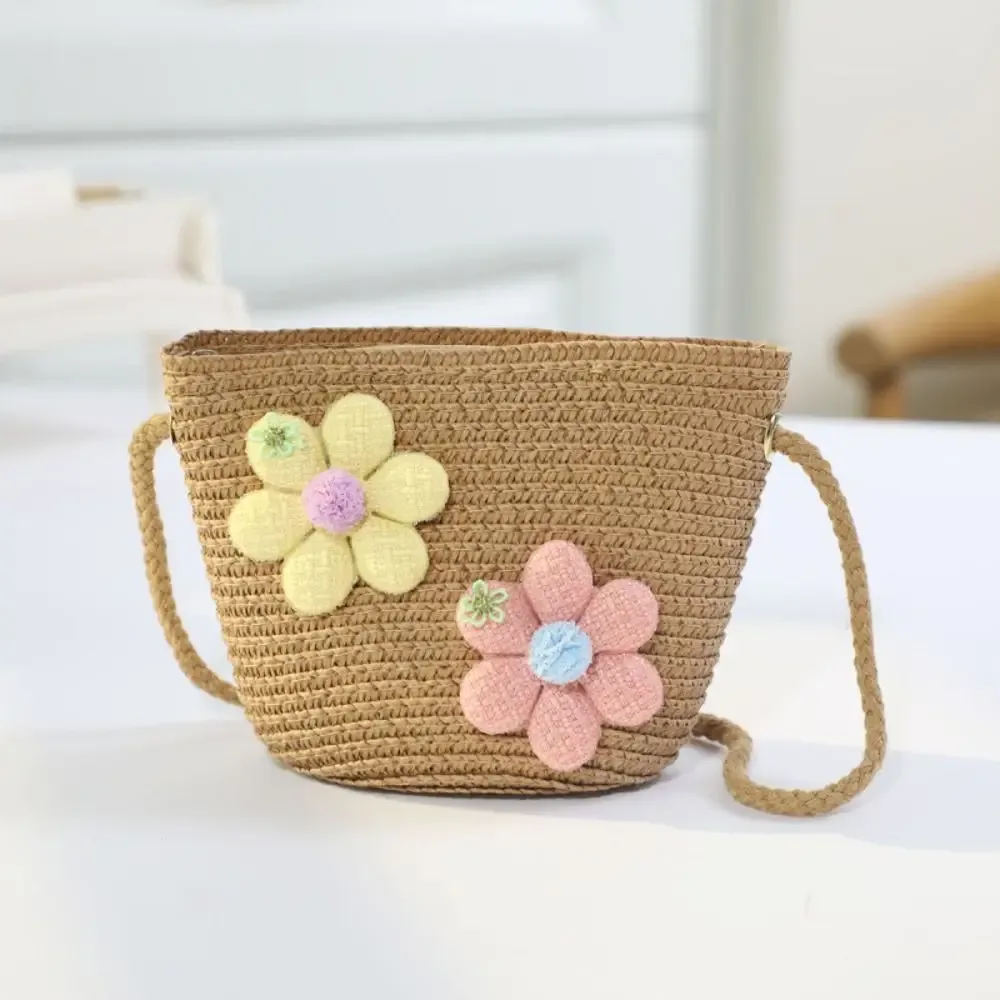 sac à main en paille tissé à la main pour fille, porte-monnaie à fleurs, sacoches à fermeture éclair pour enfant, accessoires photo, panier de rangement, sac à main à bandoulière