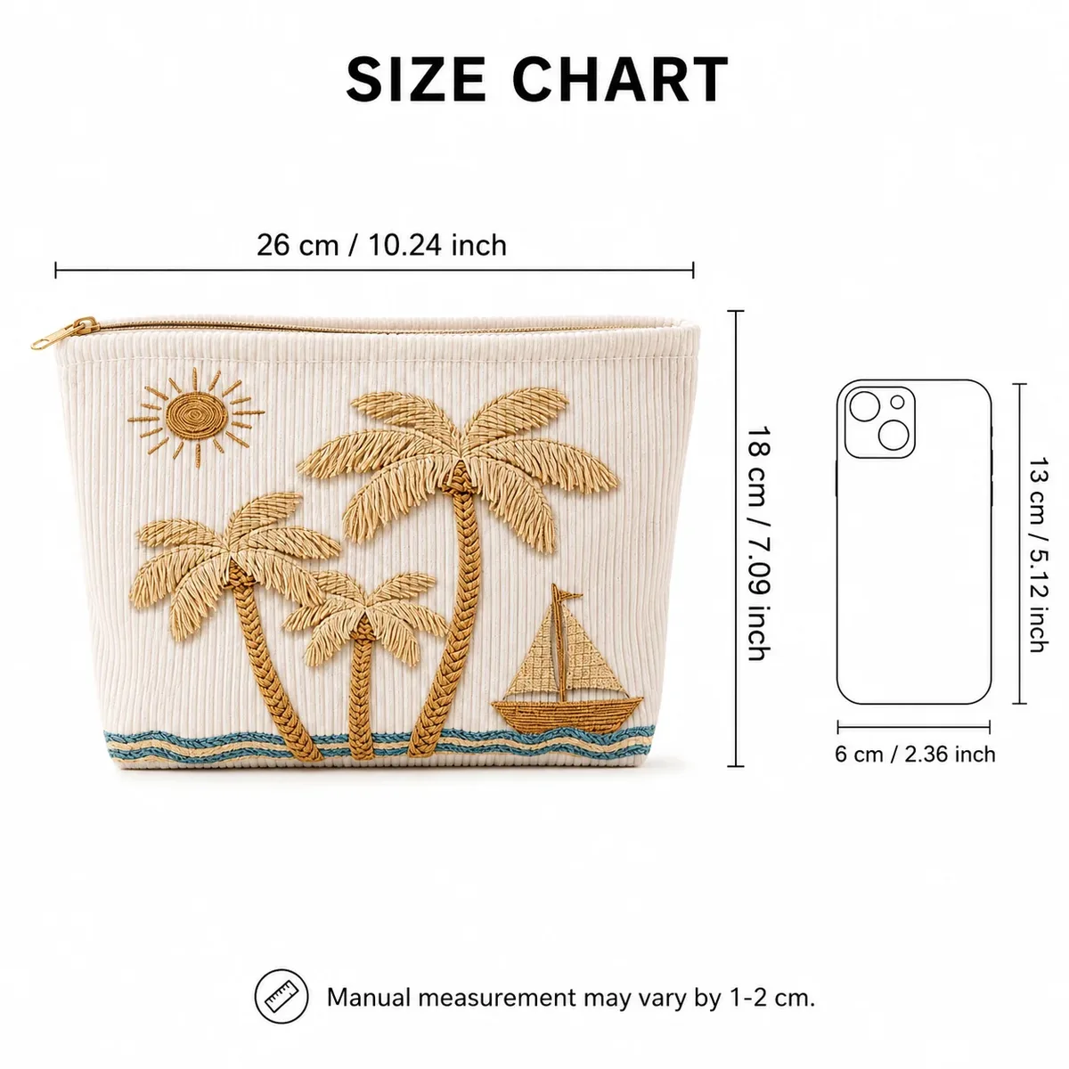 pochette de maquillage en velours côtelé brodée tropicale, grande trousse de toilette de voyage pour femmes, rangement pour articles de toilette de plage