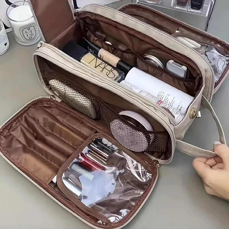 trousse de maquillage en cuir pu, grande capacité, sac de rangement de cosmétiques de voyage, sac à main portable pour femmes, trousse de toilette multifonction étanche