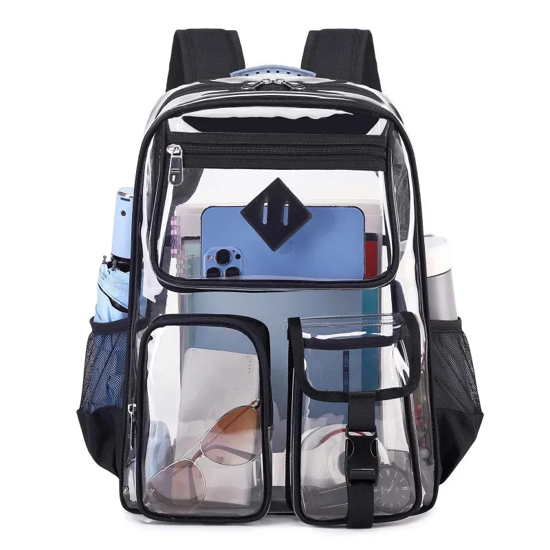 sac à dos transparent en pvc approuvé pour les stades, design transparent avec bretelles à coussin d'air, imperméable et résistant.