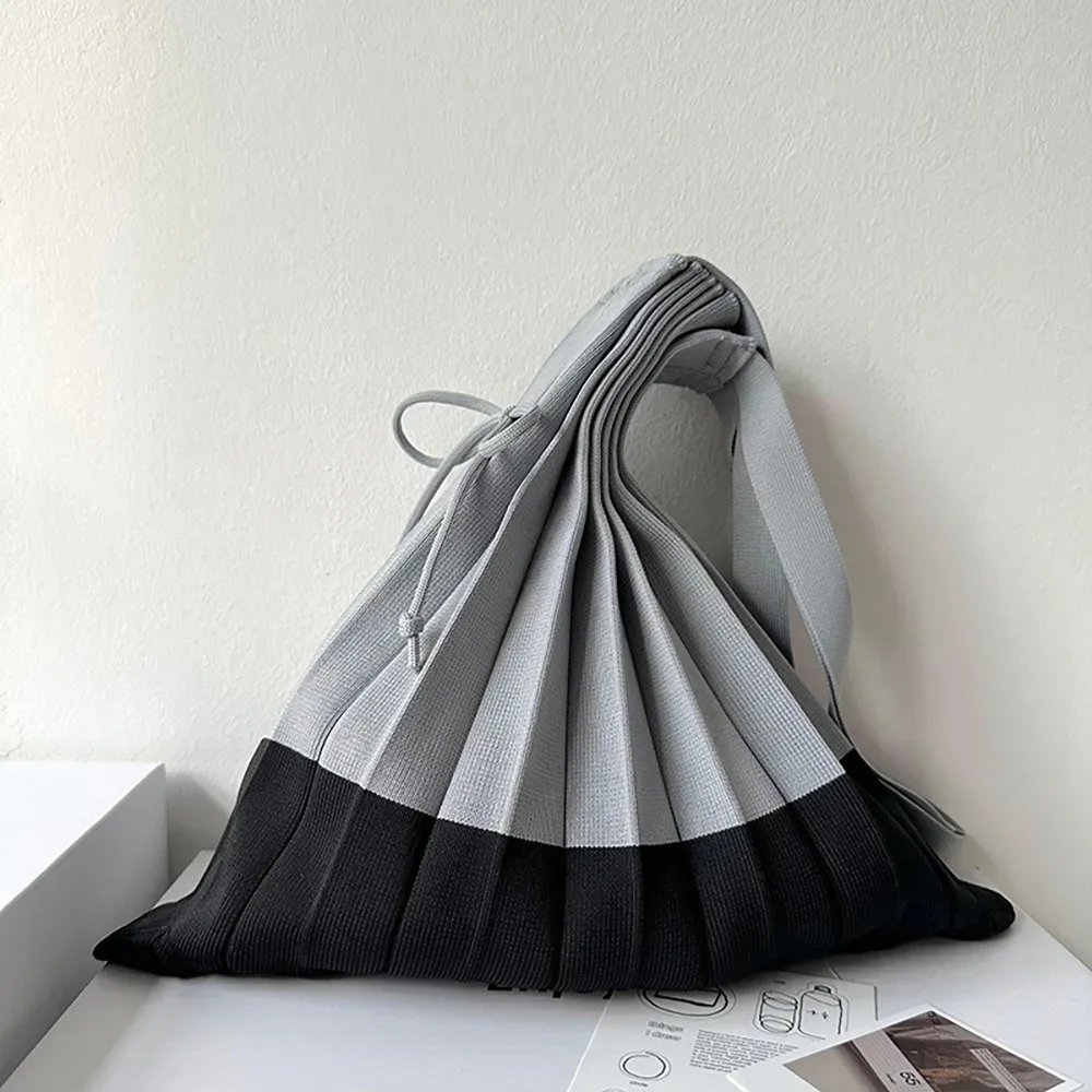 sac à main pliable en tricot, sac de courses grande capacité, sac écologique pliable, pochette à bandoulière, sac plissé de couleur contrastée, sac de voyage
