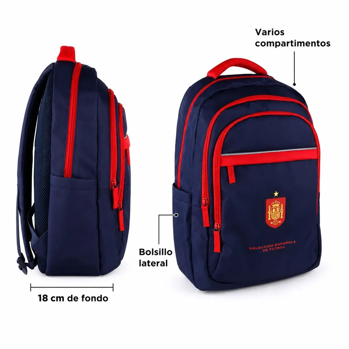 sac à dos scolaire la roja de l'équipe nationale de football espagnole "la roja", produit officiel sous licence. sac à dos de football de l'équipe nationale 43x30x18cm rouge et bleu marine avec compartiments.