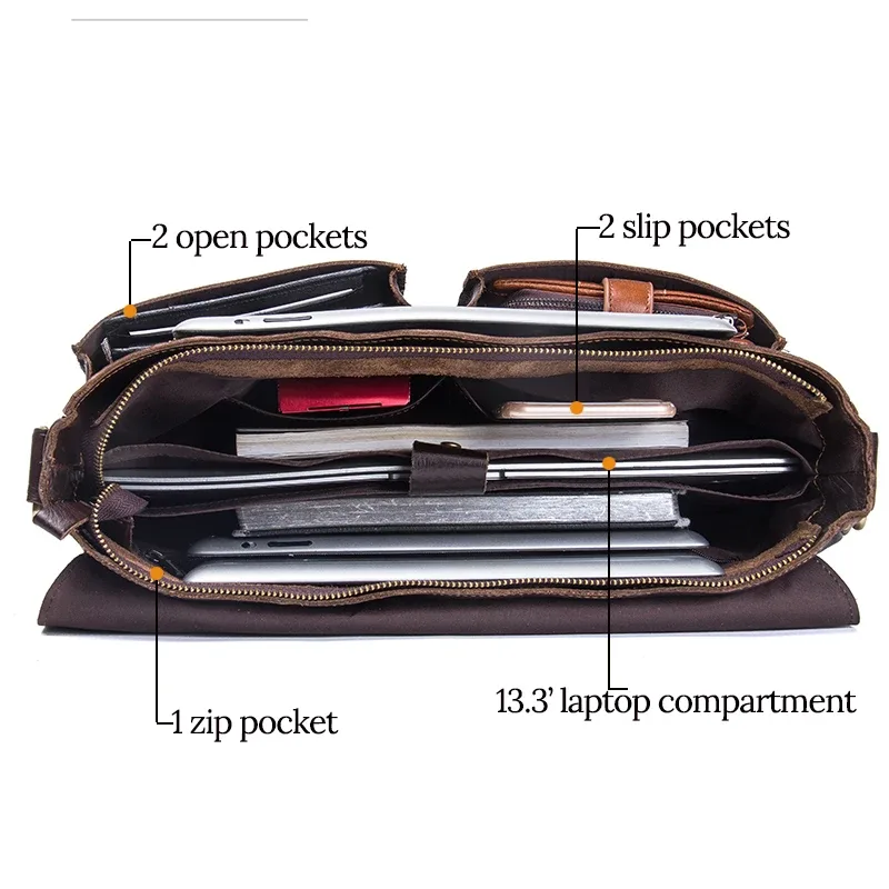 porte documents cuir véritable cuir vache marron poignée souple fermeture éclair poches téléphone portable valise large usage voyage business commerce