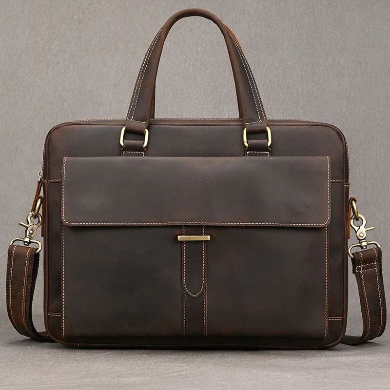 porte-documents en cuir véritable pour hommes, sac à main d'affaires en peau de vache pour ordinateur portable, style vintage, sac à bandoulière en cuir de cheval fou