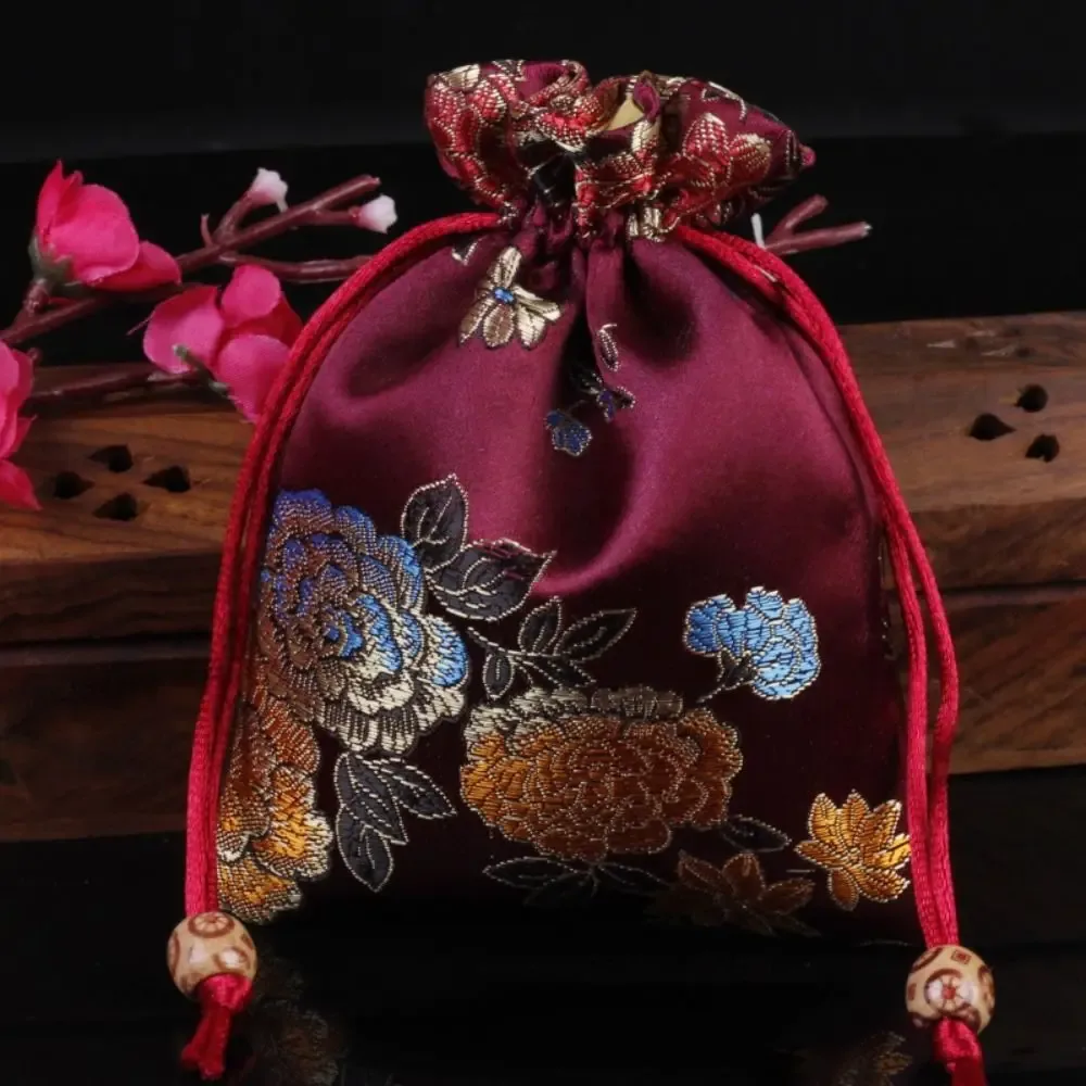 sac à cordon brodé floral, porte-monnaie, sac à bonbons, sac d'emballage pour bijoux, sac à sucre festif de grande capacité de style chinois